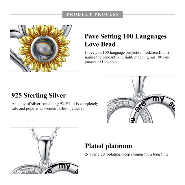 Srebrny dwukolorowy kamień projekcyjny z cyrkoniami sześciennymi Spersonalizowany naszyjnik z projekcją słonecznika z wygrawerowanym słowem-6