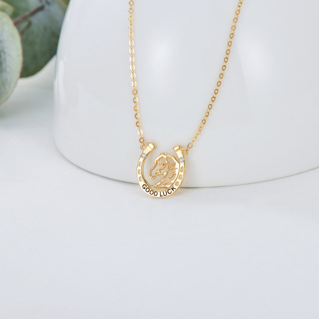 14K Gold Circular Shaped Cubic Zirconia Horse & Horseshoe Pendant Necklace with Engraved Word-2