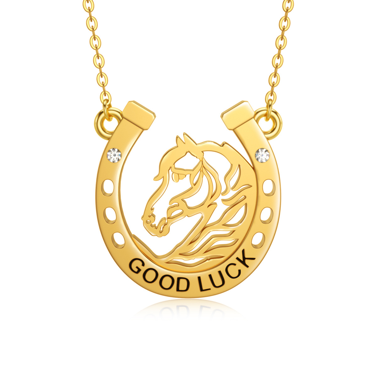 14K Gold Circular Shaped Cubic Zirconia Horse & Horseshoe Pendant Necklace with Engraved Word-1