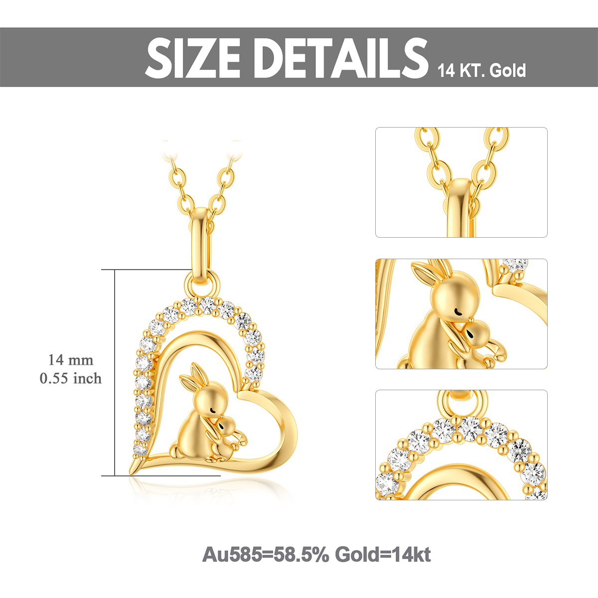 14K Gold Cubic Zirkonia Kaninchen & Herz-Anhänger Halskette-6
