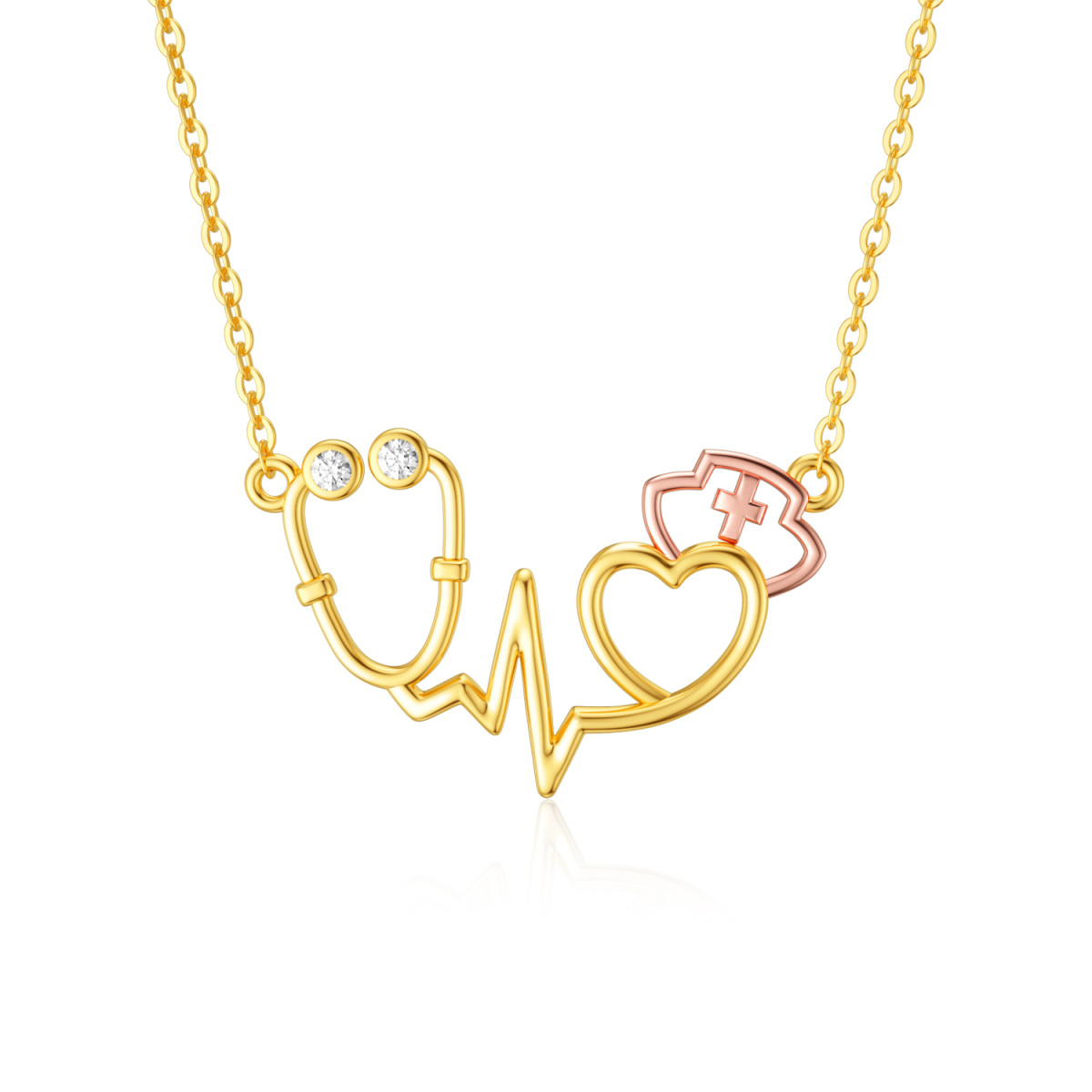 14K Gold & Rose Gold Cubic Zirconia Stethoscope Pendant Necklace-1
