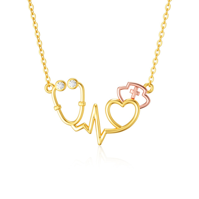 Colar com pingente de estetoscópio em ouro 14K e ouro rosa com zircónias cúbicas-0