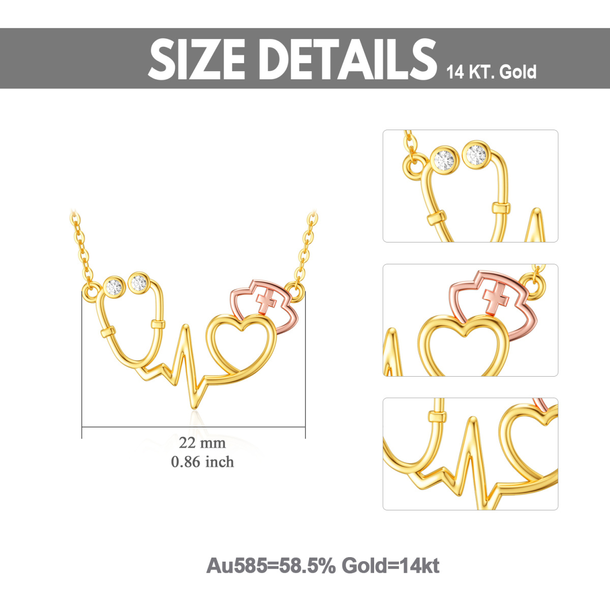 14K Gold & Rose Gold Cubic Zirconia Stethoscope Pendant Necklace-6
