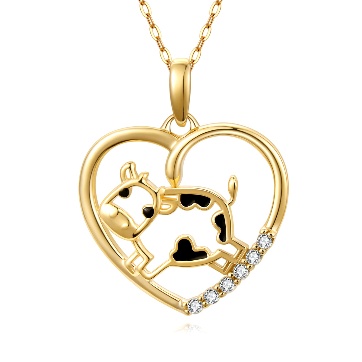 Collier avec pendentif vache et coeur en or 14K-1
