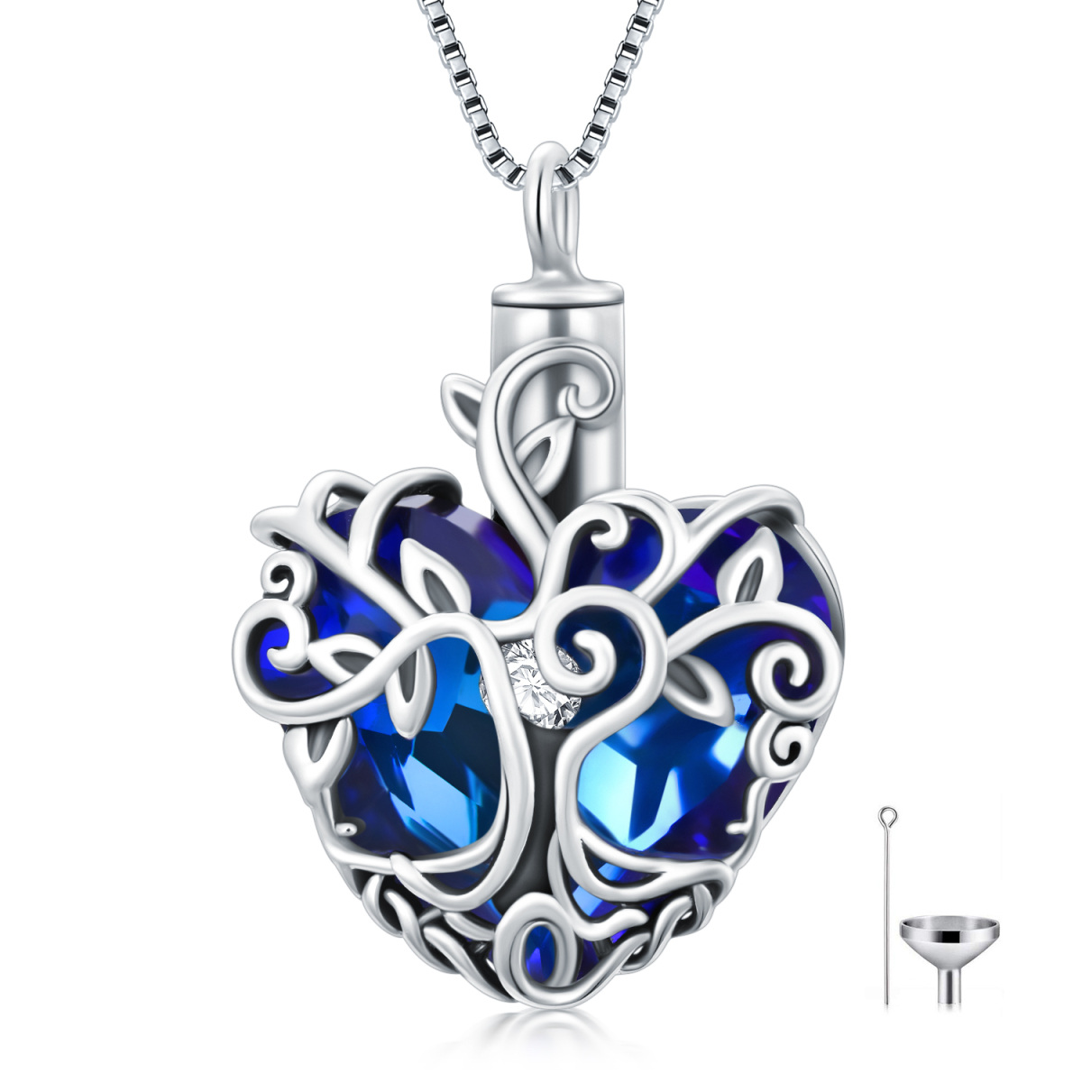 Plata de ley en forma de corazón de cristal Árbol de la Vida Urna Collar para cenizas-1