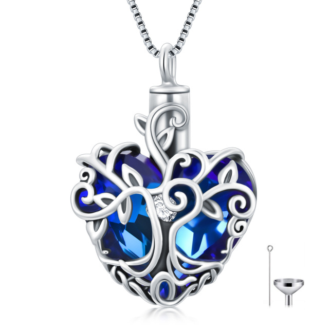 Plata de ley en forma de corazón de cristal Árbol de la Vida Urna Collar para cenizas-0