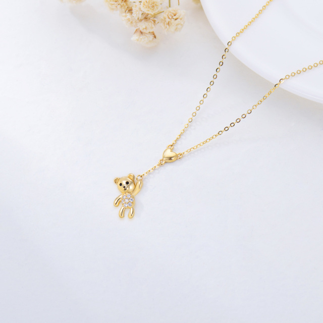 14K Gold Cubic Zirconia Bear & Heart Pendant Necklace-2