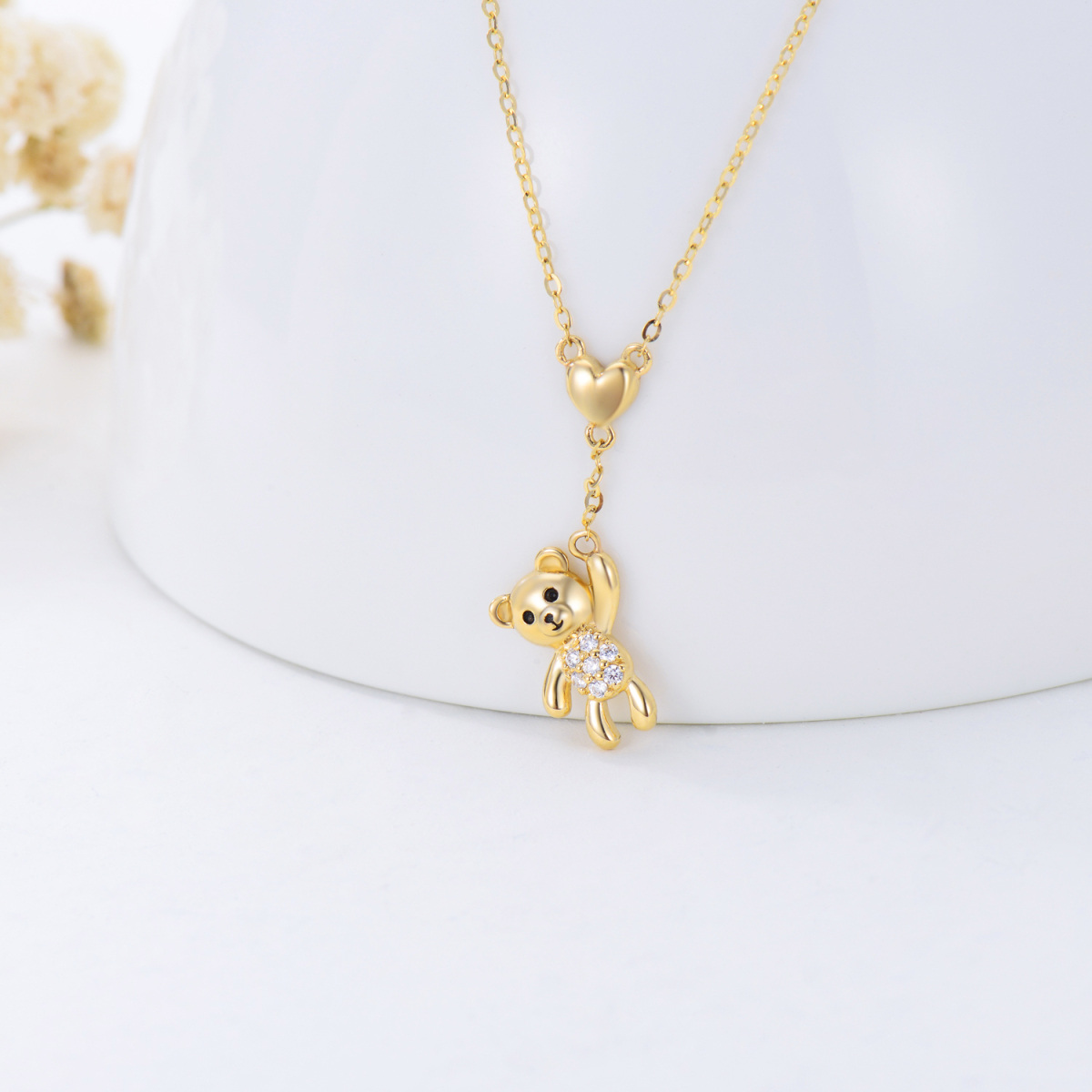 14K Gold Cubic Zirconia Bear & Heart Pendant Necklace-4