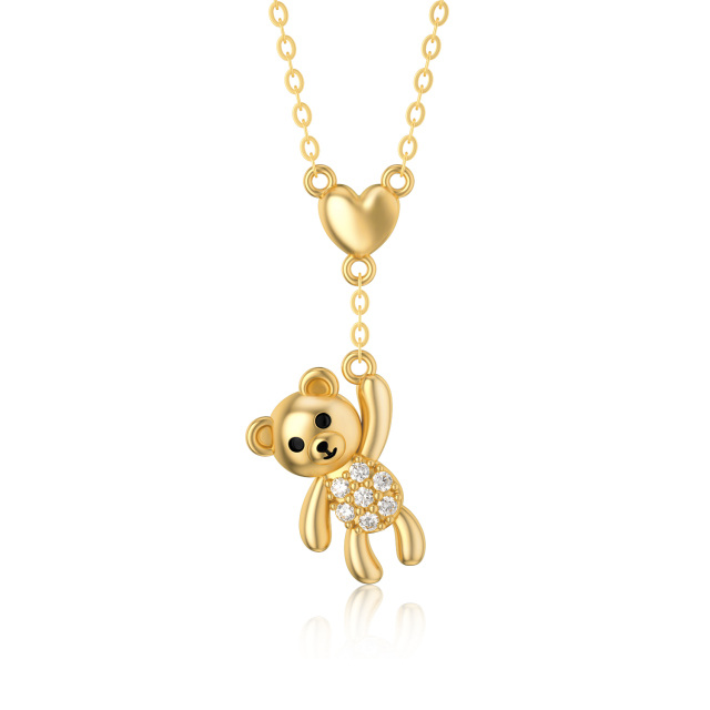 14K Gold Cubic Zirconia Bear & Heart Pendant Necklace-0