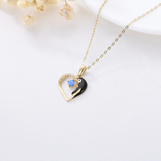 Collar Colgante Pingüino y Corazón de Oro Cúbico de 14K con Circonita y Ópalo-2