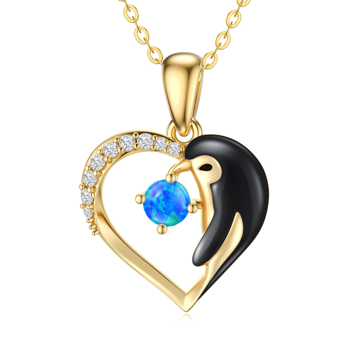 Collier pendentif pingouin et cœur en or 14K à zircon cubique et opale-1