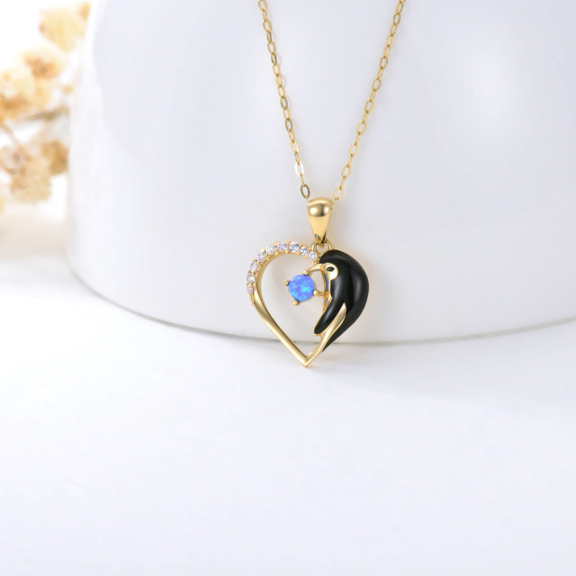 Collar Colgante Pingüino y Corazón de Oro Cúbico de 14K con Circonita y Ópalo-3