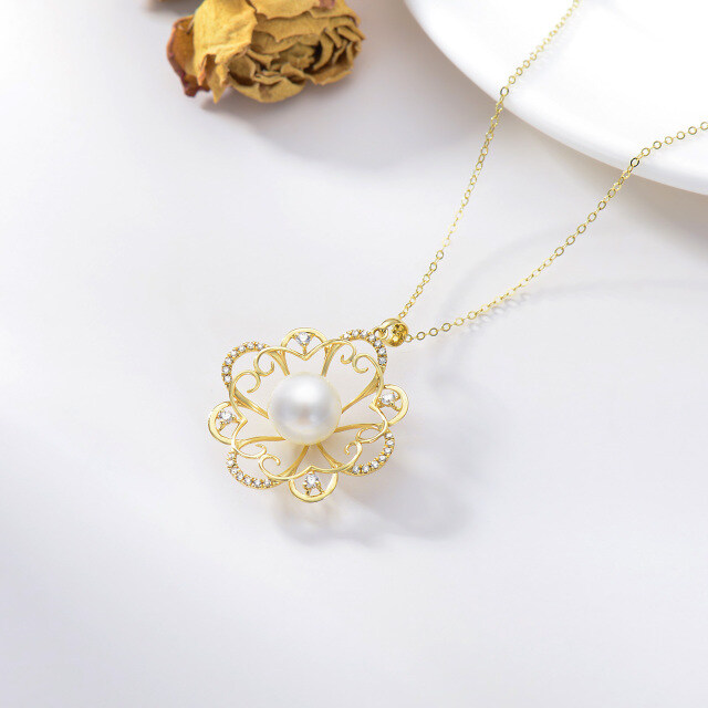 14K Gold Pearl Four-leaf Clover Pendant Necklace-3