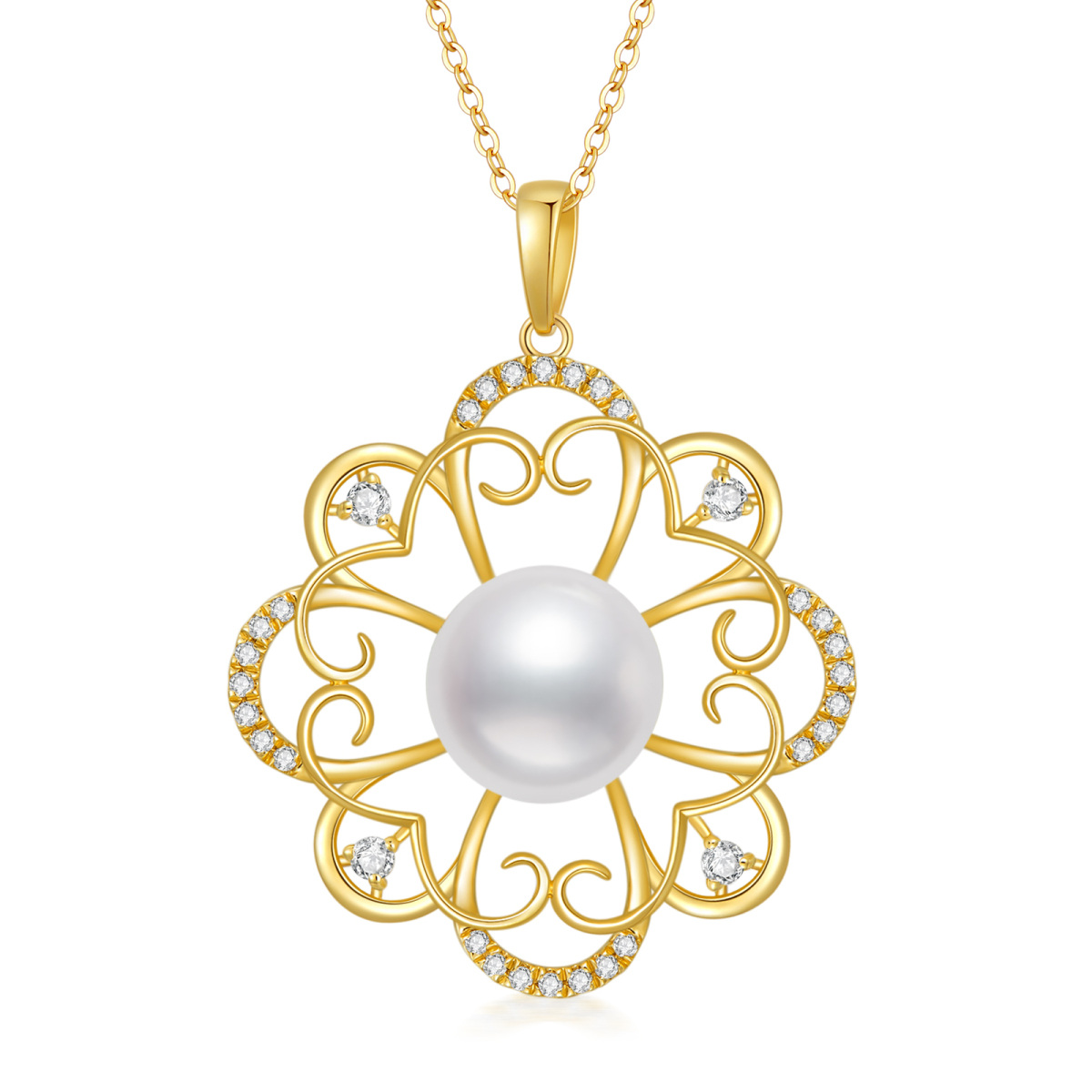 14K Gold Pearl Four-leaf Clover Pendant Necklace-1