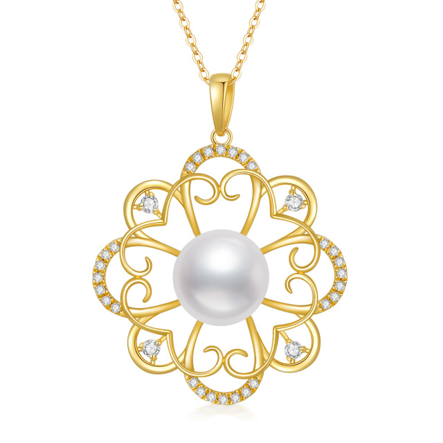 14K Gold Pearl Four-leaf Clover Pendant Necklace-0