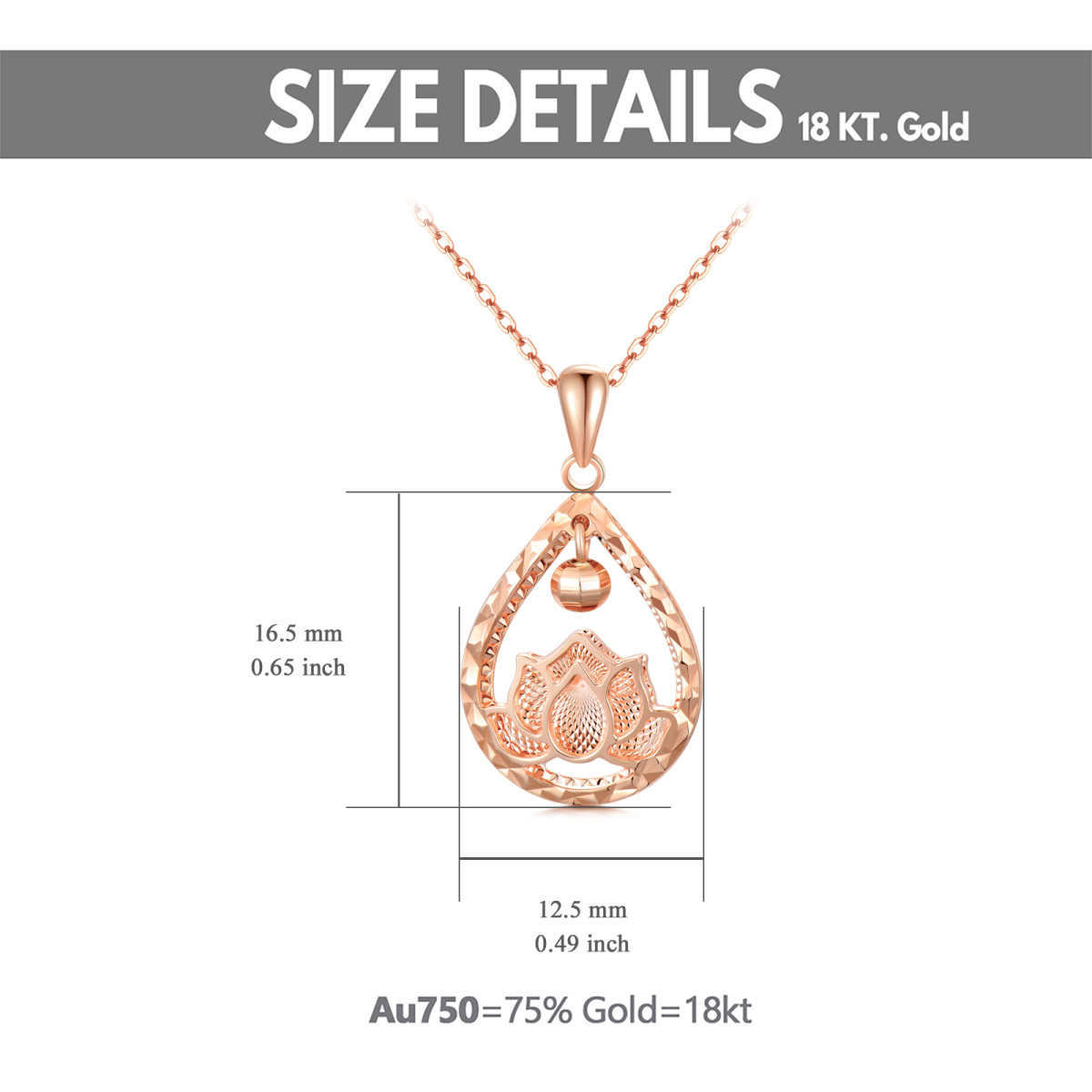 18K Rose Gold Lotus & Drop Shape Pendant Necklace-6