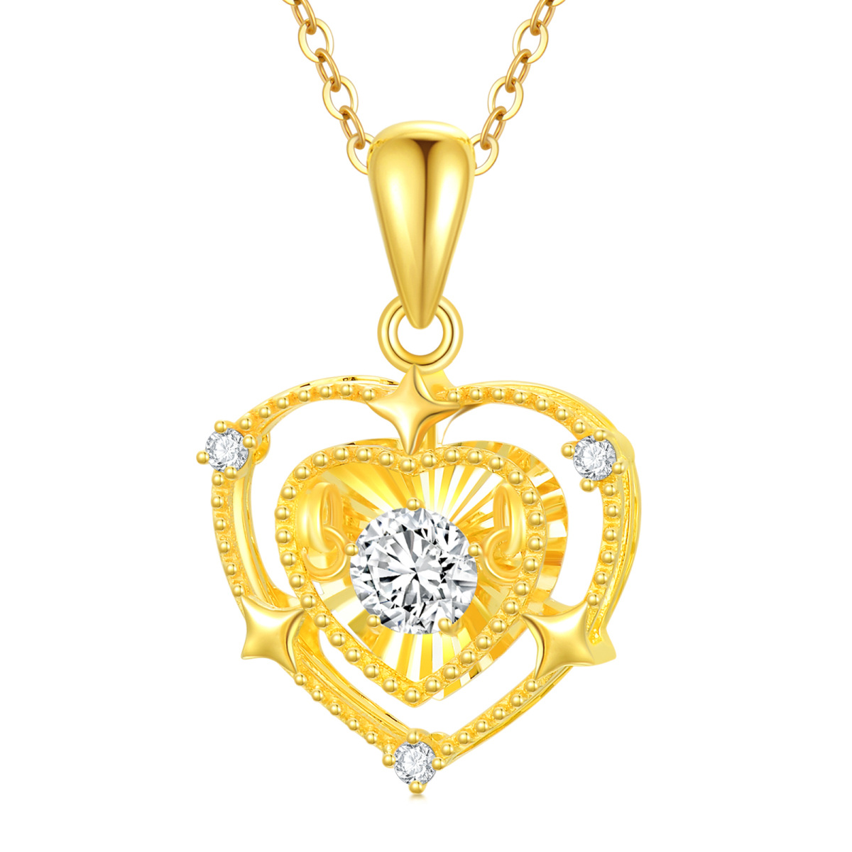 18K Gold Circular Shaped Cubic Zirconia Heart With Heart Pendant Necklace-1