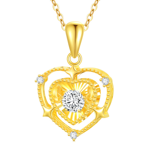 18K Gold Circular Shaped Cubic Zirconia Heart With Heart Pendant Necklace-0