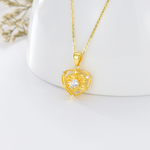 18K Gold Circular Shaped Cubic Zirconia Heart With Heart Pendant Necklace-3