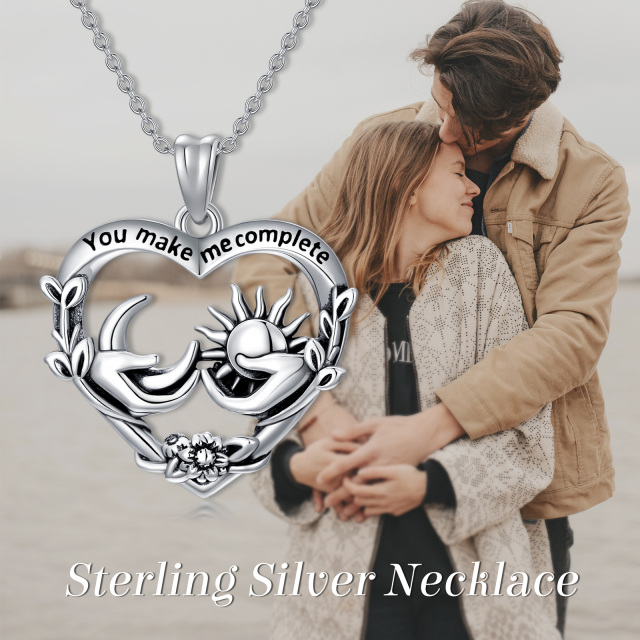 Sterling Silver Heart & Moon Pendant Necklace with Engraved Word-2