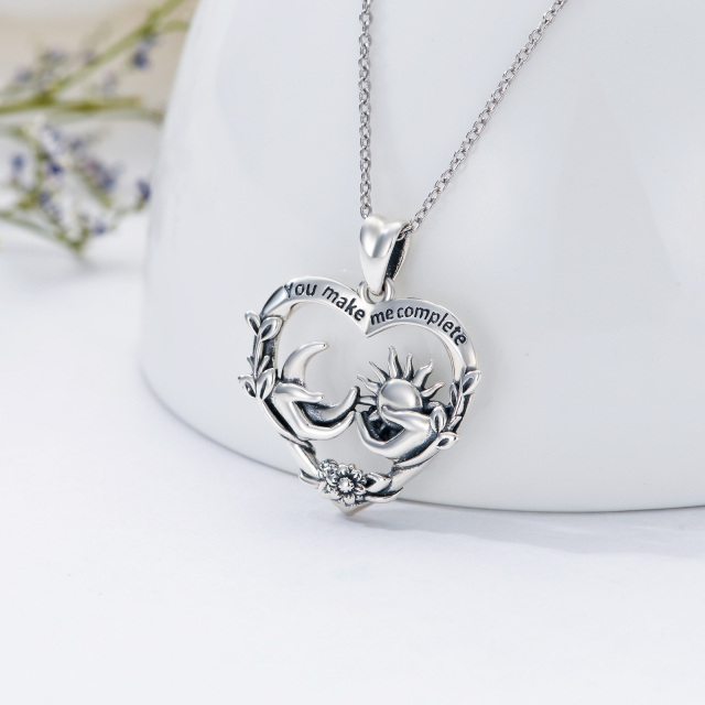 Sterling Silver Heart & Moon Pendant Necklace with Engraved Word-3