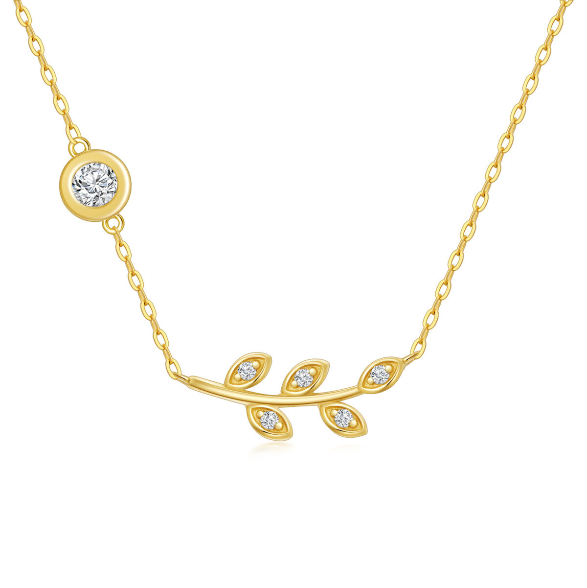 14K Gold Circular Shaped Cubic Zirconia Leaves Pendant Necklace-1