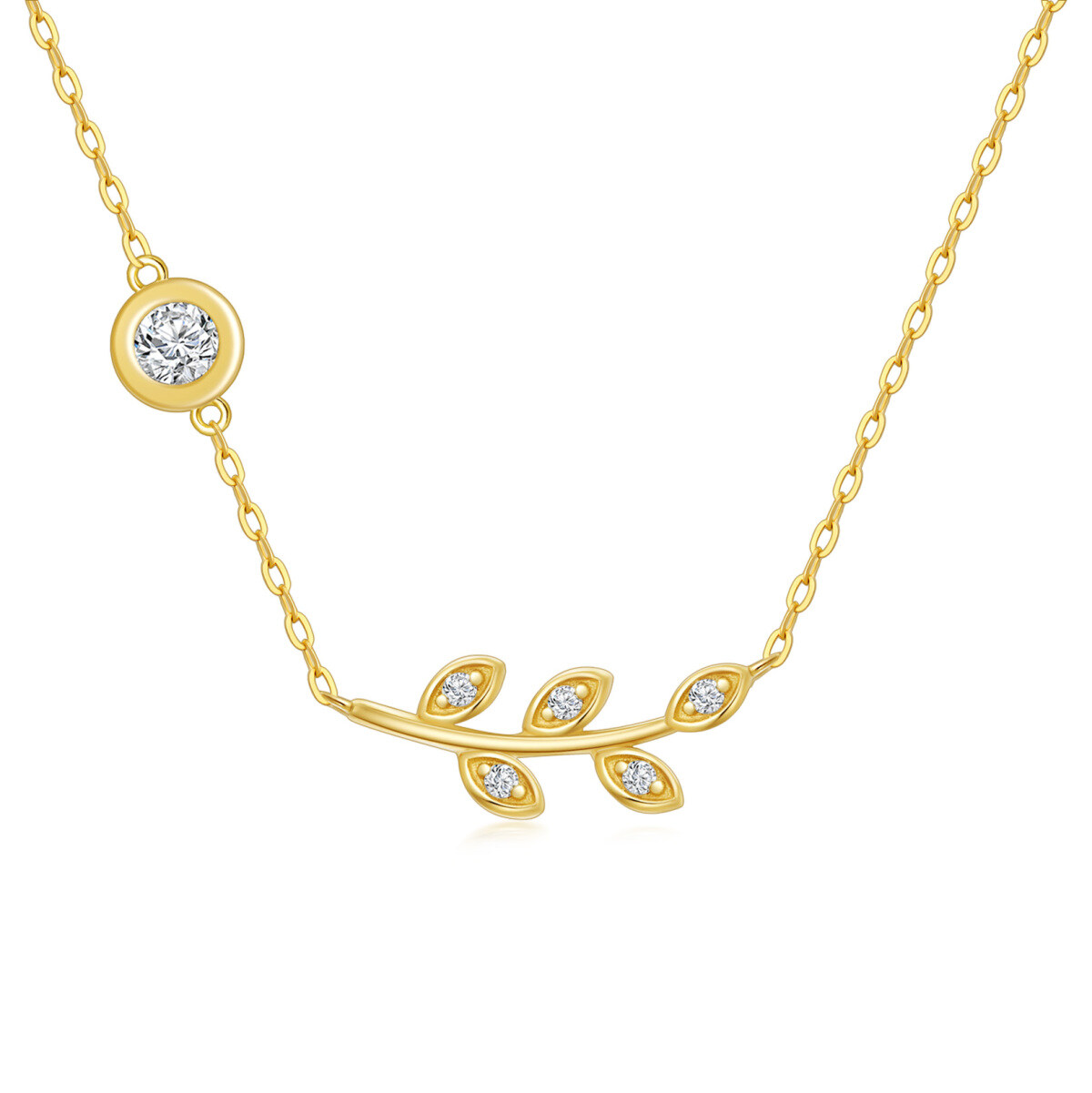 Collier en or 14K avec pendentif feuilles en zircon cubique de forme circulaire-1