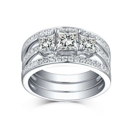 Bague de mariage pour couple en or blanc 14 carats avec gravure personnalisée et moissanite princesse carrée