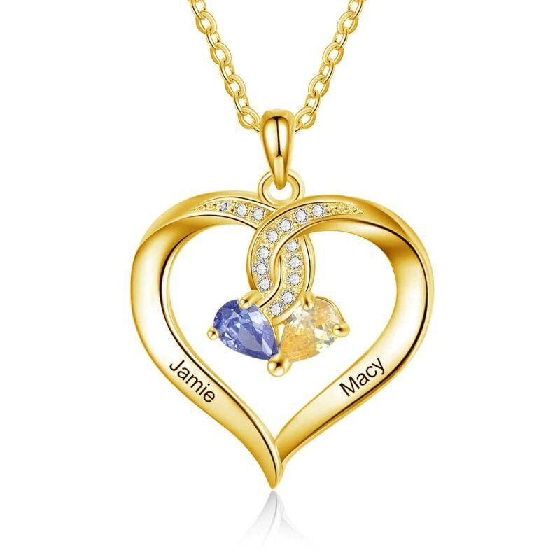 14K Yellow Gold Personalized Birthstone & Personalized Engraving & Heart Pendant Necklace