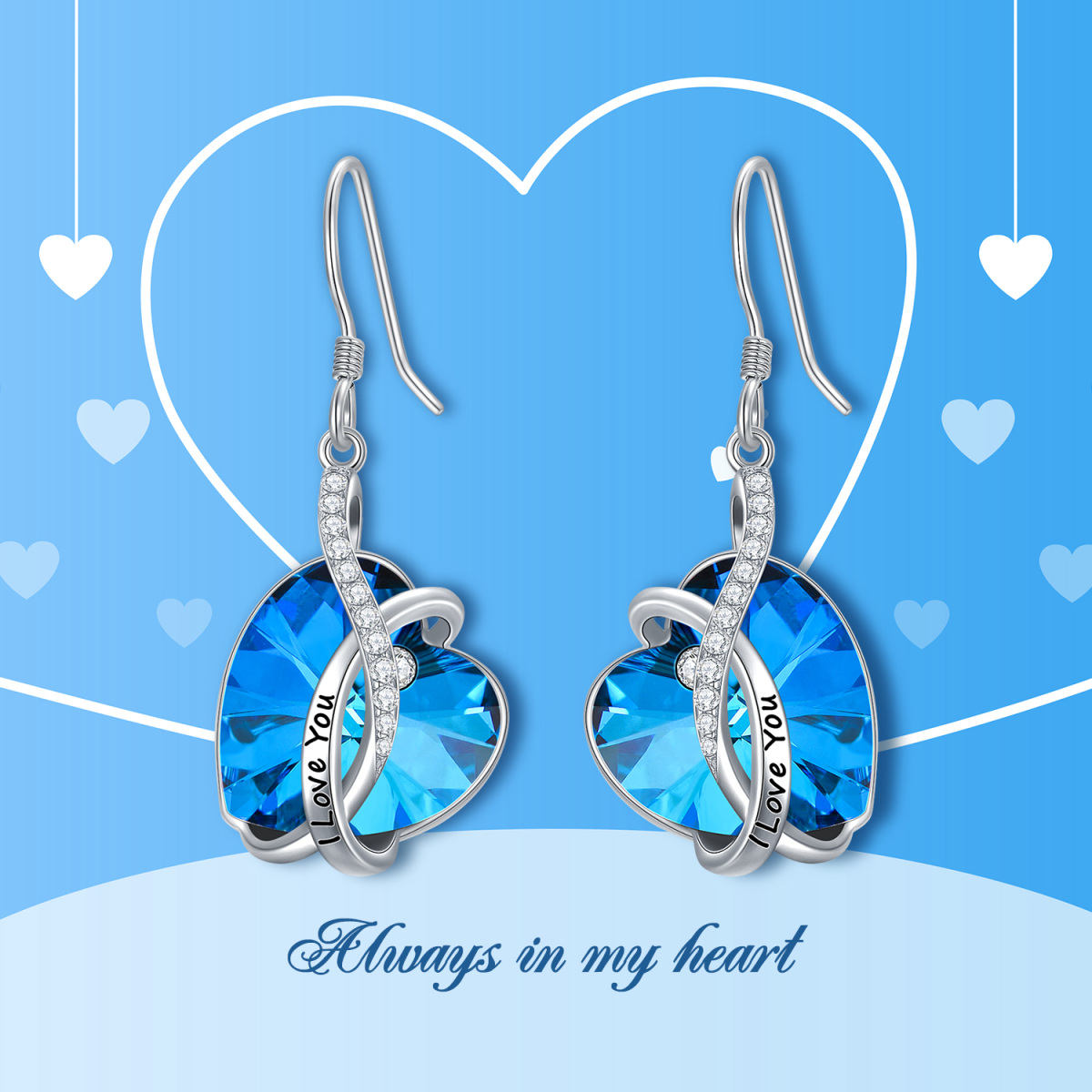 Sterling Silver Crystal Heart shape Drop Earrings with Engraved Word-6