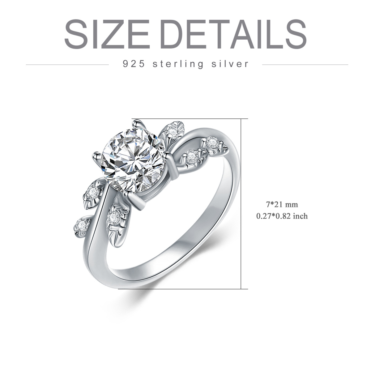 Sterling Silver Circular Shaped Cubic Zirconia Leaves Engagement Ring-6