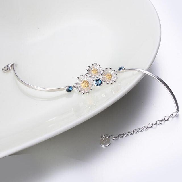 Sterling Silver Two-tone Crystal Daisy Pendant Bangle-3