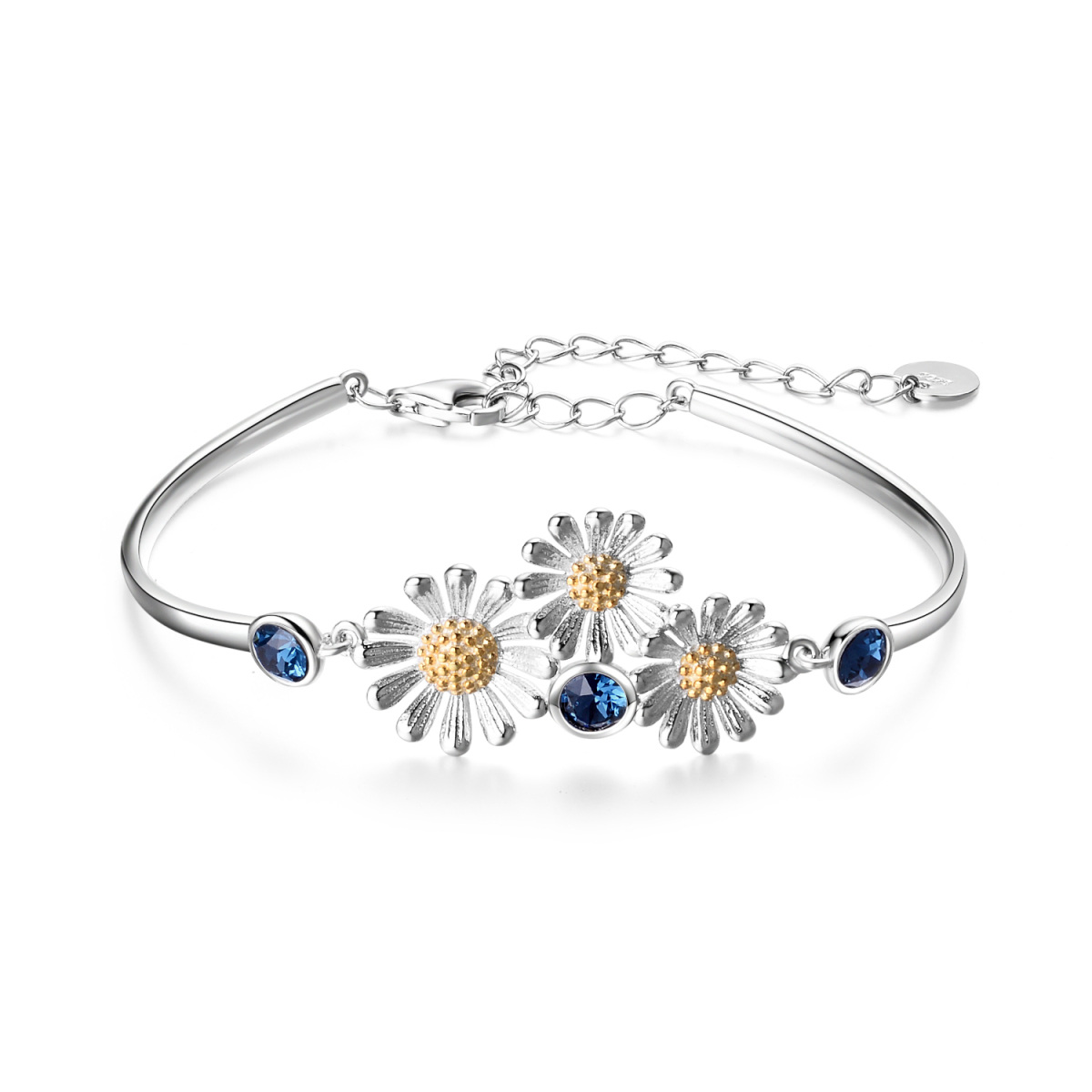 Sterling Silver Two-tone Crystal Daisy Pendant Bangle-1