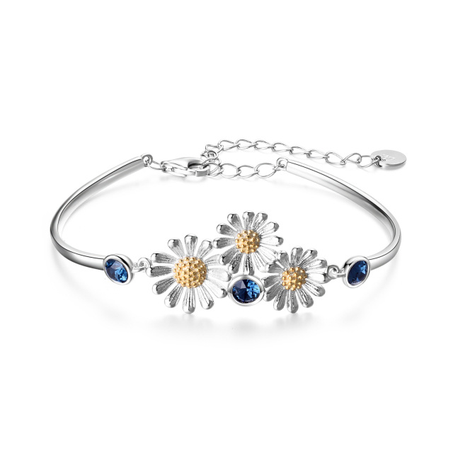 Sterling Silver Two-tone Crystal Daisy Pendant Bangle-0