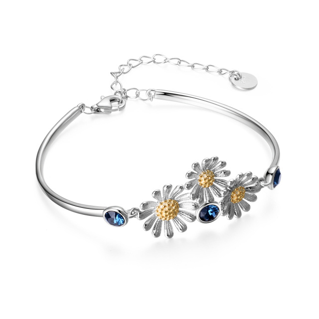 Sterling Silver Two-tone Crystal Daisy Pendant Bangle-4