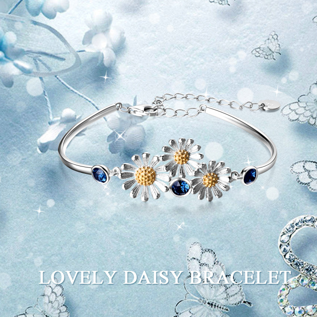 Sterling Silver Two-tone Crystal Daisy Pendant Bangle-3