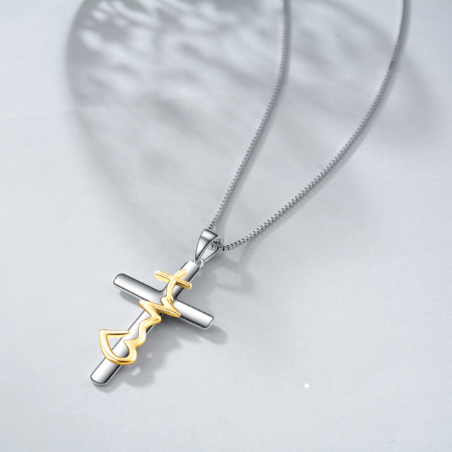 Sterling Silver with Yellow Gold Plated Cross Pendant Necklace-5