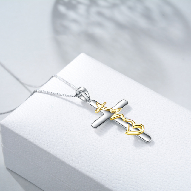 Sterling Silver with Yellow Gold Plated Cross Pendant Necklace-3