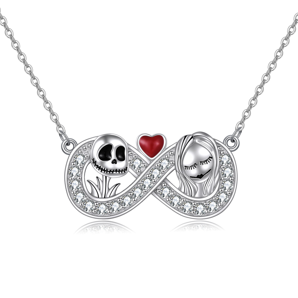 Sterling Silver Circular Shaped Cubic Zirconia Heart & Infinity Symbol & Skull Pendant Necklace-1