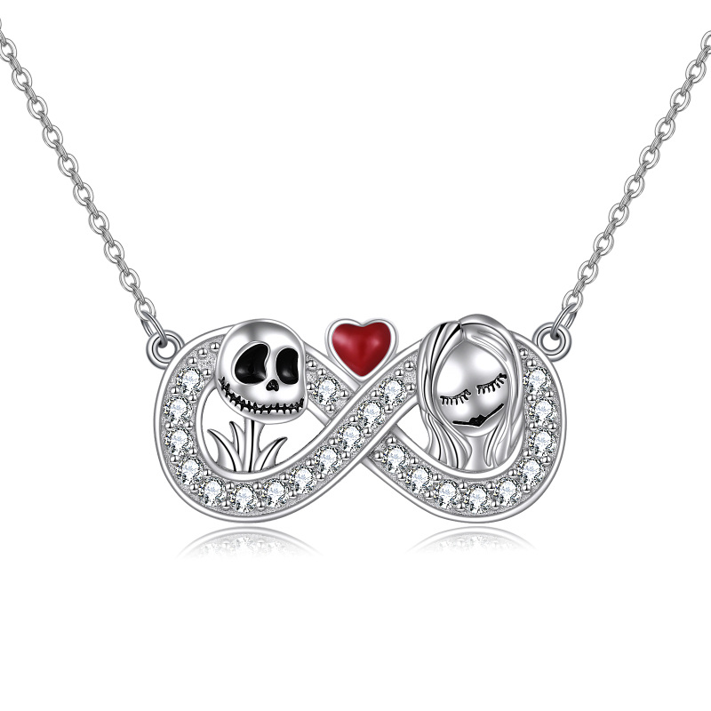 Sterling Silver Circular Shaped Cubic Zirconia Heart & Infinity Symbol & Skull Pendant Necklace