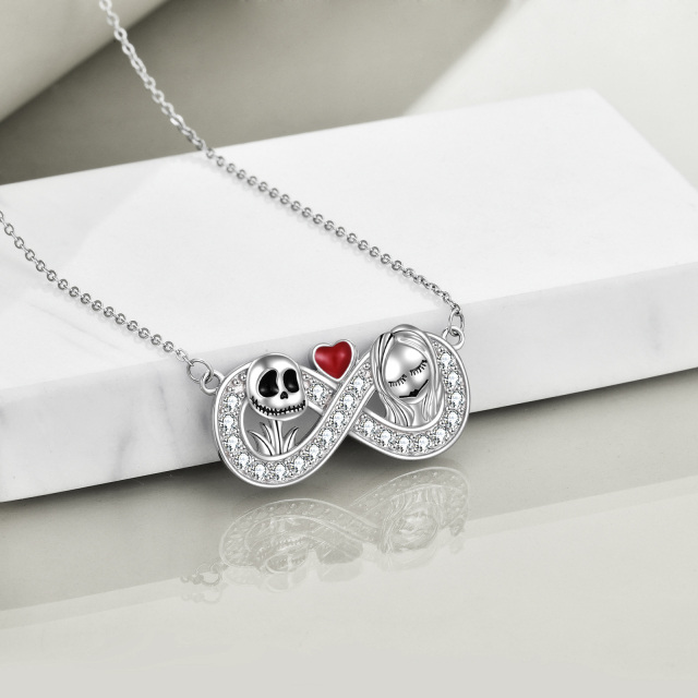 Sterling Silver Circular Shaped Cubic Zirconia Heart & Infinity Symbol & Skull Pendant Necklace-3