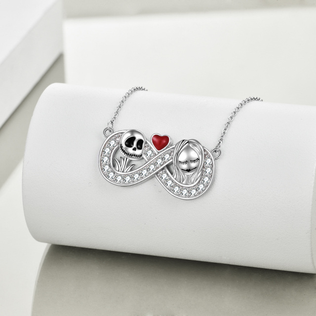 Sterling Silver Circular Shaped Cubic Zirconia Heart & Infinity Symbol & Skull Pendant Necklace-2