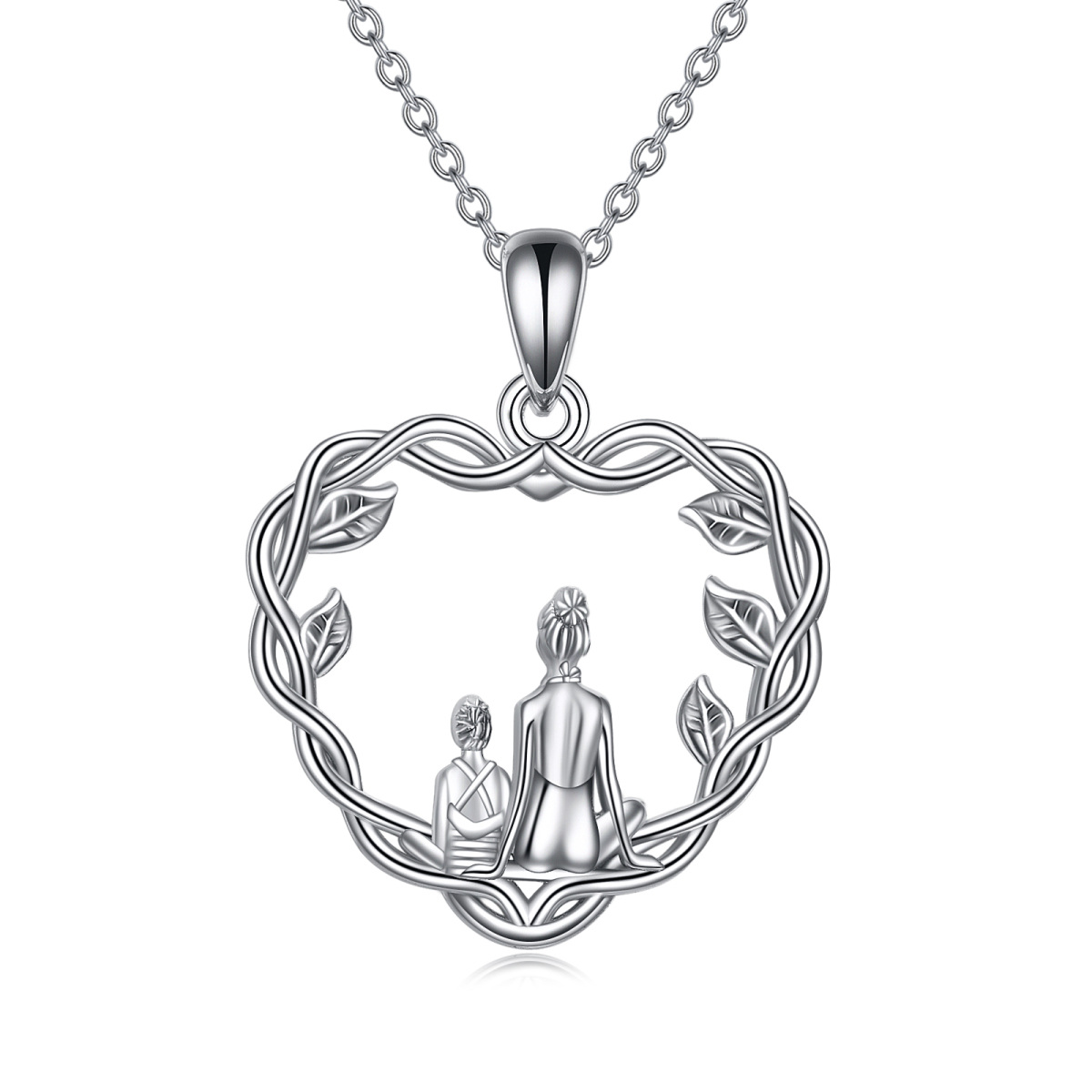 Sterling Silver Leaves Grandmother & Mother Heart Pendant Necklace-1
