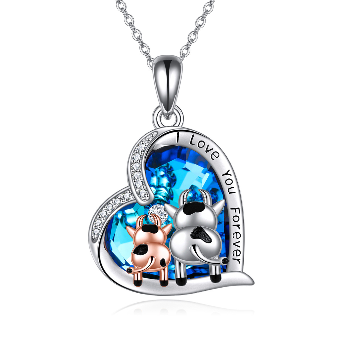 Sterling Silver Two-tone Heart Shaped Cow & Heart Crystal Pendant Necklace with Engraved Word-1