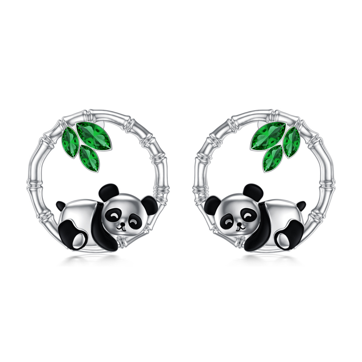 Sterling Silver Cubic Zirconia Panda & Bamboo Stud Earrings-1