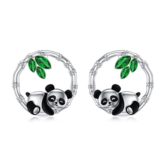 Sterling Silver Cubic Zirconia Panda & Bamboo Stud Earrings