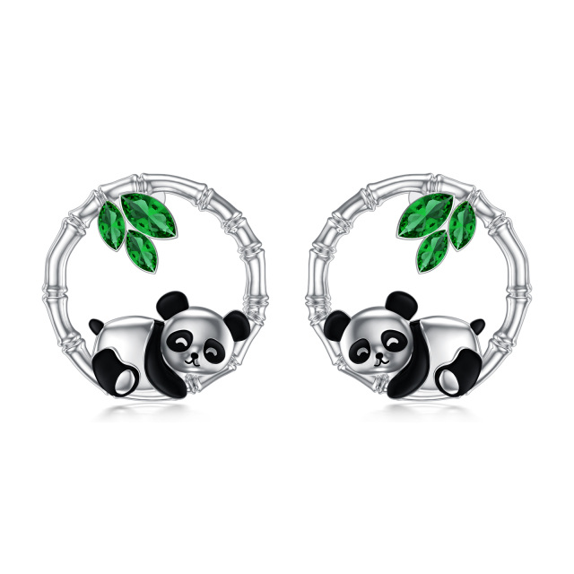 Sterling Silver Cubic Zirconia Panda & Bamboo Stud Earrings-0