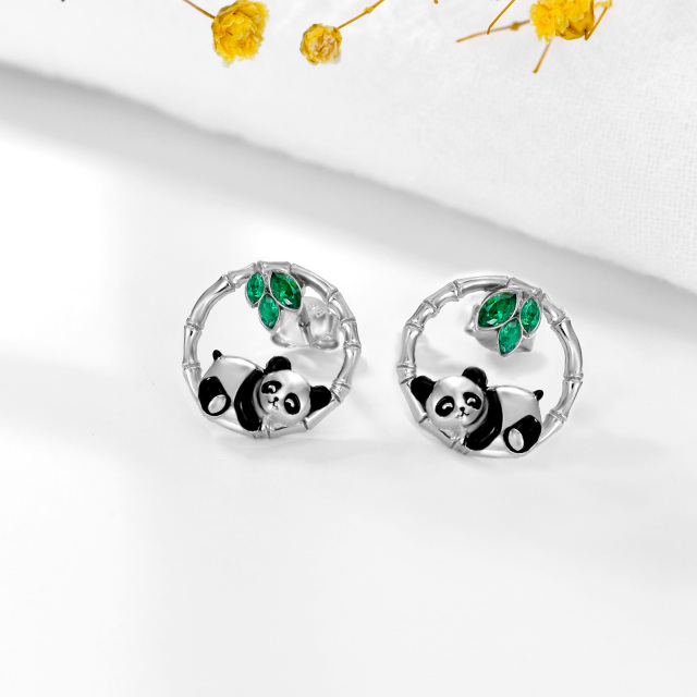 Sterling Silver Cubic Zirconia Panda & Bamboo Stud Earrings-4
