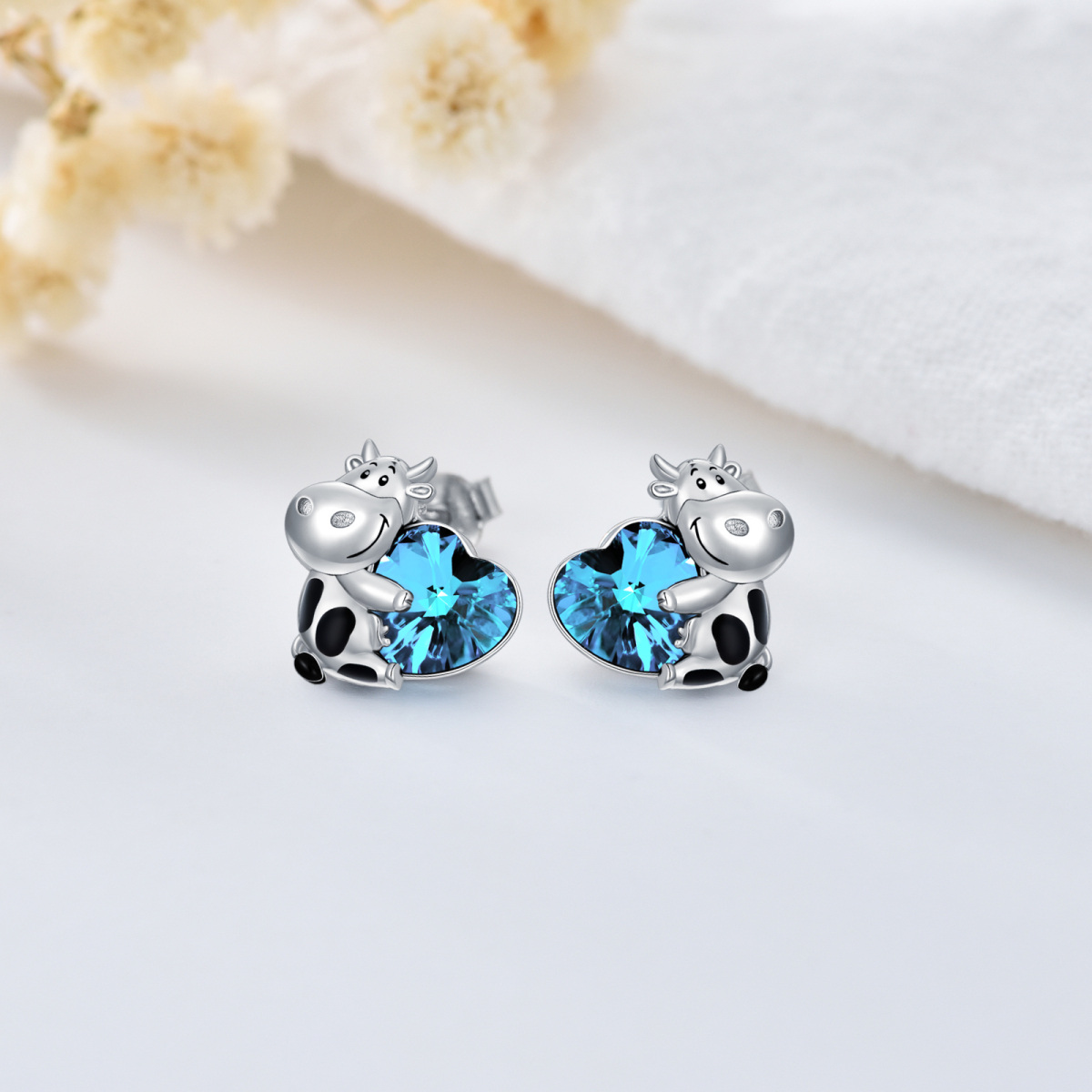 Sterling Silver Heart Shaped Crystal Cow & Heart Stud Earrings-3