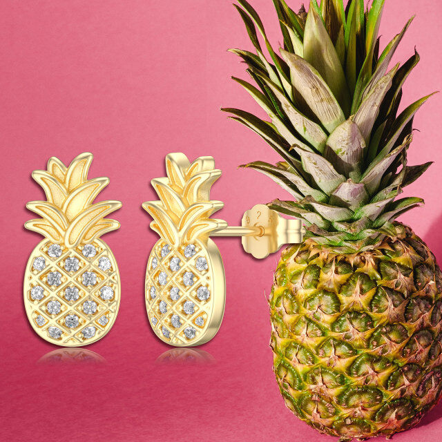 Sterling Silver with Yellow Gold Plated Zircon Pineapple Stud Earrings-5